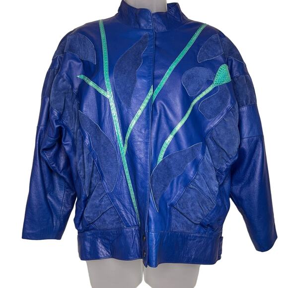 Vintage 80s Size Small Blue Leather Skirt Pants Skirt Suit Set Snakeskin Suede - Picture 4 of 16